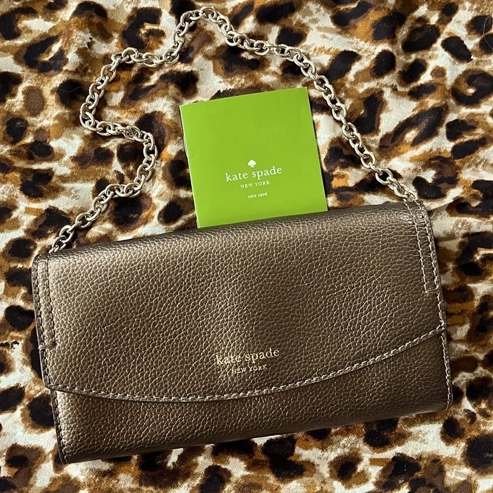 Brand New KATE SPADE Leather Eva Wallet Clutch Chain Shoulder Bag Ash Metallic
